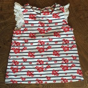 Girls Red floral and navy striped lace cap sleeve